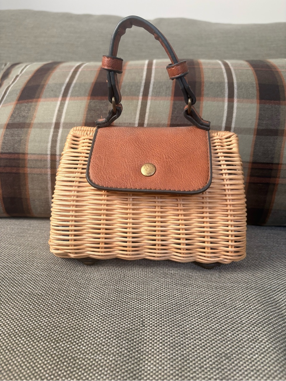 Free People Woven Rattan Mini Bag with Brown Leather Flap